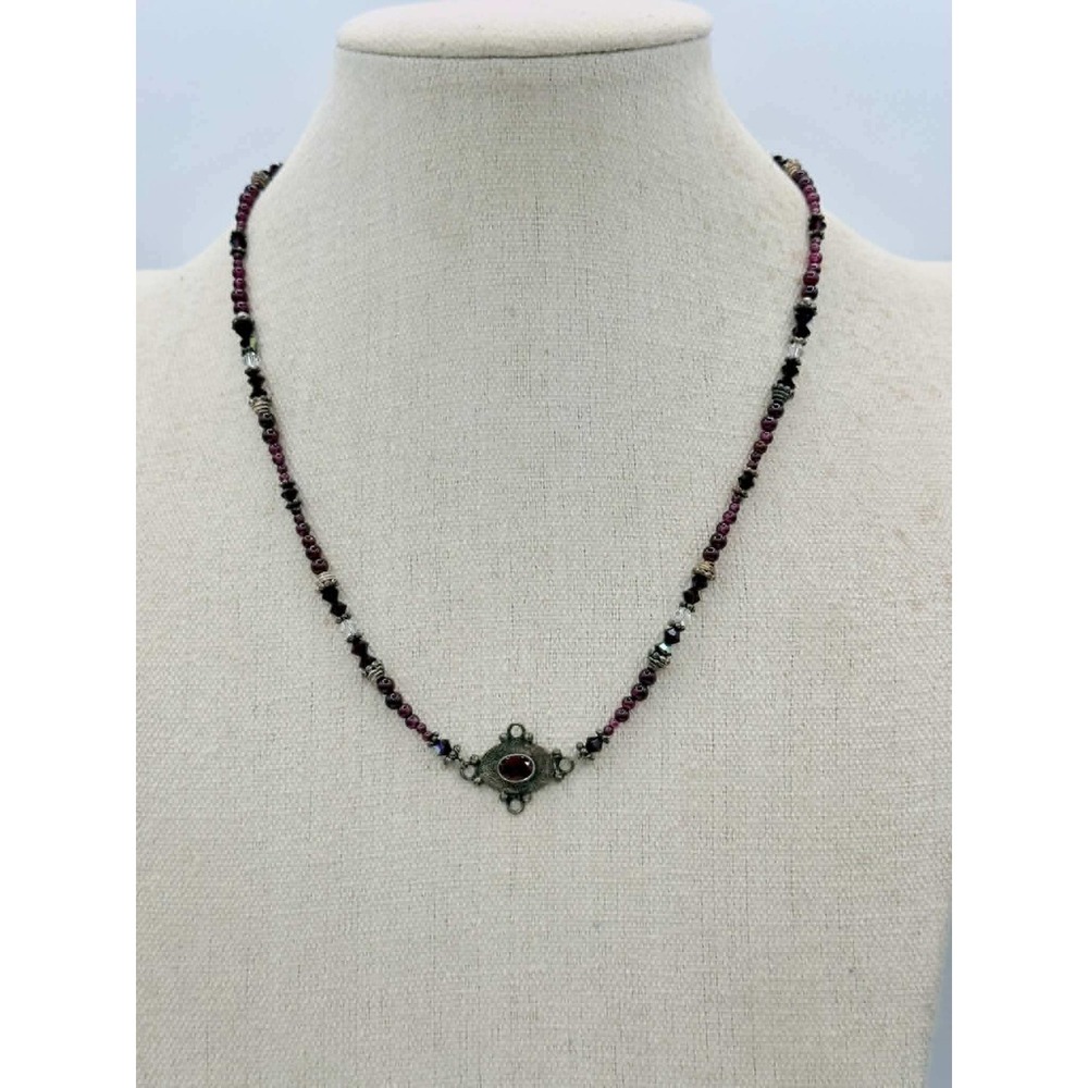 Vintage Artisan Garnet Bead Necklace Swarovski Crystal AB Silver 15"-18"